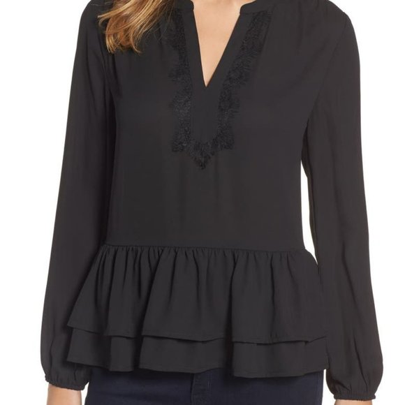 Bobeau Women's Double Ruffle Hem Split Neck Top - Sz XS - Like New - Picture 1 of 7